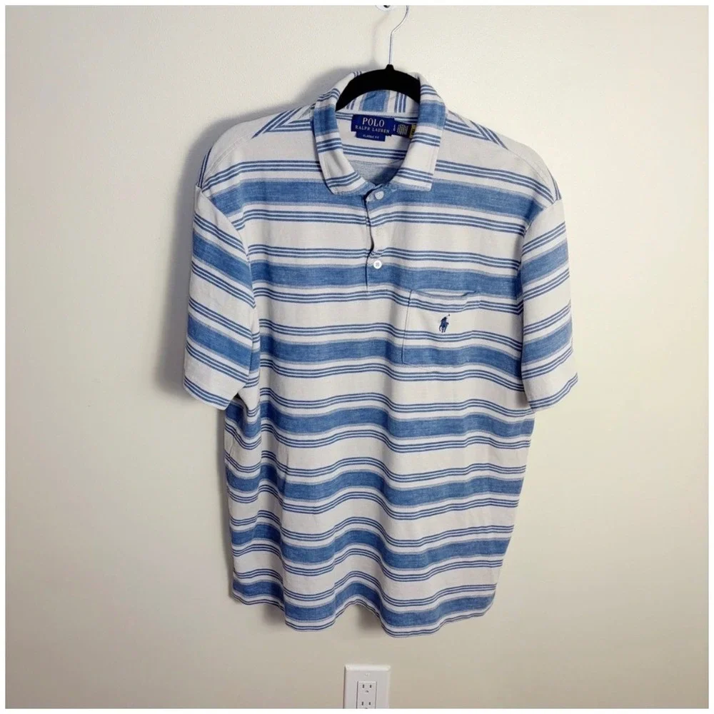 Polo Ralph Lauren Polo Mens L Blue Stripe Classic Fit Pocket Pony Short Sleeve